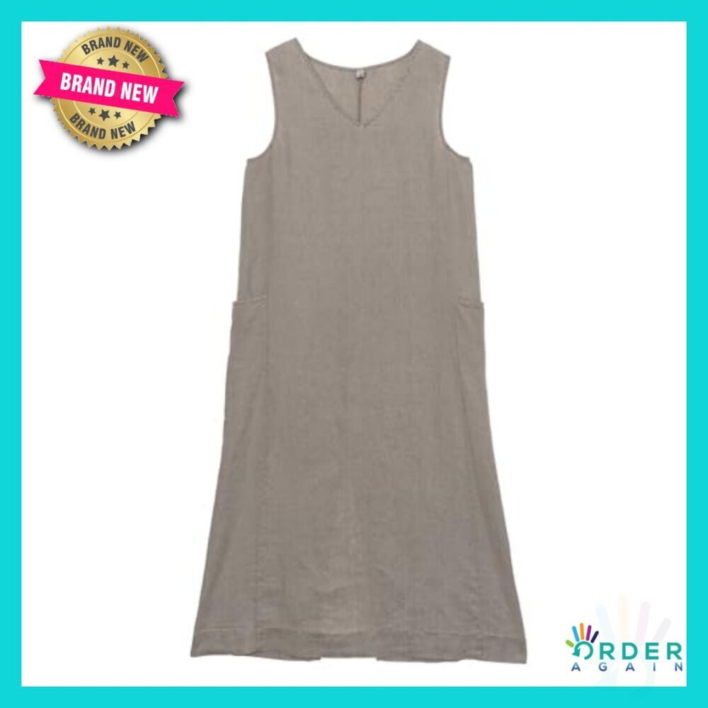 Linen Sleeveless V-Neck Midi Dress with Slit Casual Chic Relaxed Fit - Picture 5 of 7